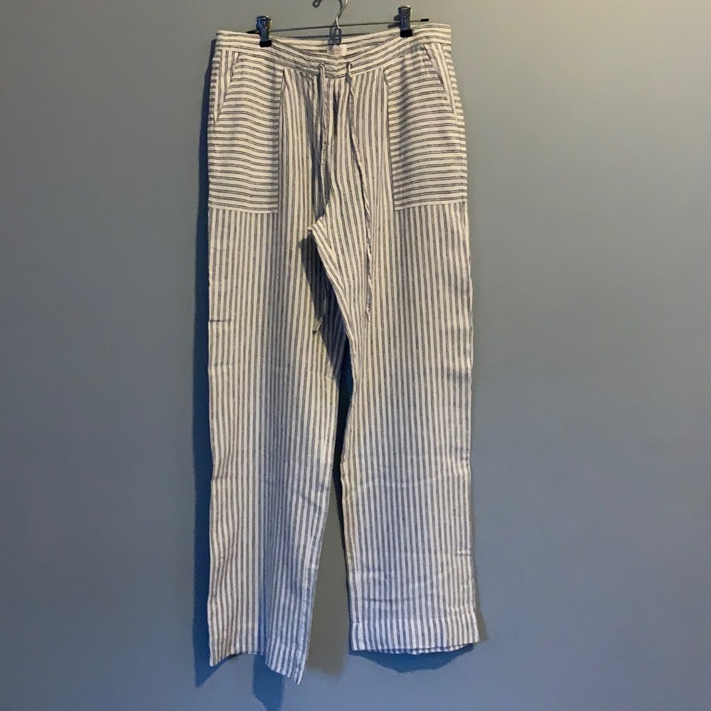 Laundry By Shelli Segal Cream and Blue Striped Linen-Blend Drawstring Trousers